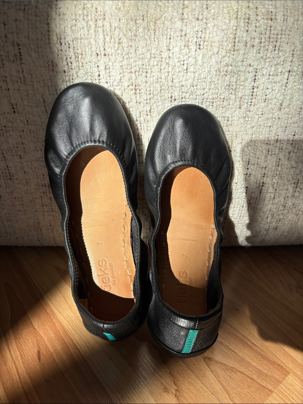 Tieks Black Leather Ballet Flats with Teal Heel Tab